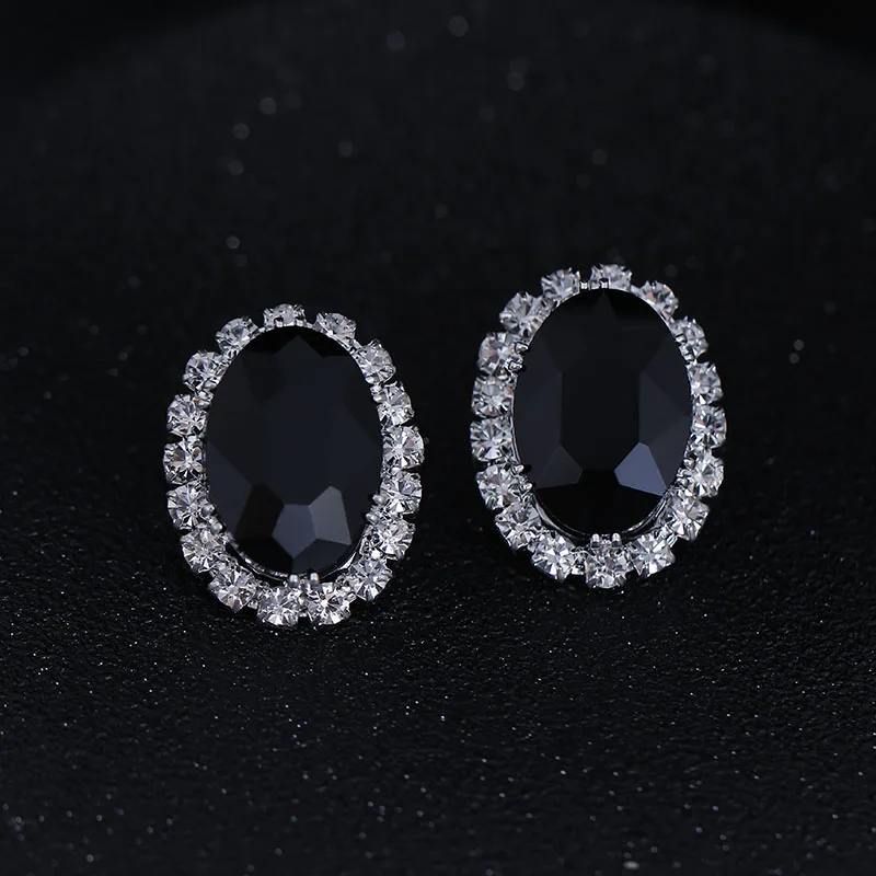 Women Oval Shape Black Imitation Gemstone Ear Stud Earrings Crystal