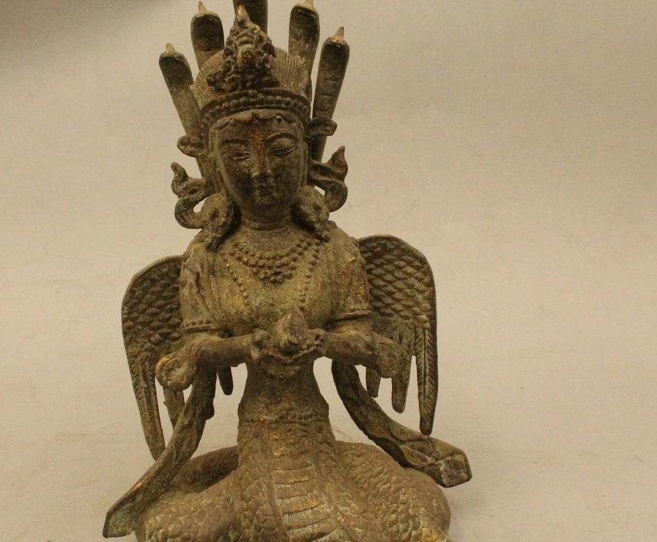 

11" Tibet Tibetan Bronze Naga Kanya Buddha 5 Snake Head Kwan-yin Buddha Statue