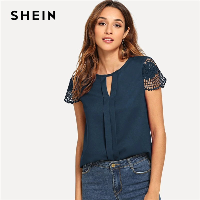 

SHEIN Navy Cutout Lace Contrast Cap Sleeve Button Plain Top Modern Lady 2019 Summer Women Round Neck Minimalist Blouse
