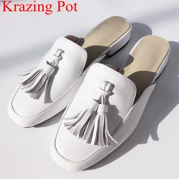 

2018 new arrival genuine leather fringe square heel women sandals round toe mules concise vacation beach summer slippers L06