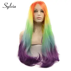 Sylvia оранжевый желтый зеленый синий фиолетовый ombre цвет FUL естественная волна синтетические волосы на кружеве Искусственные парики
