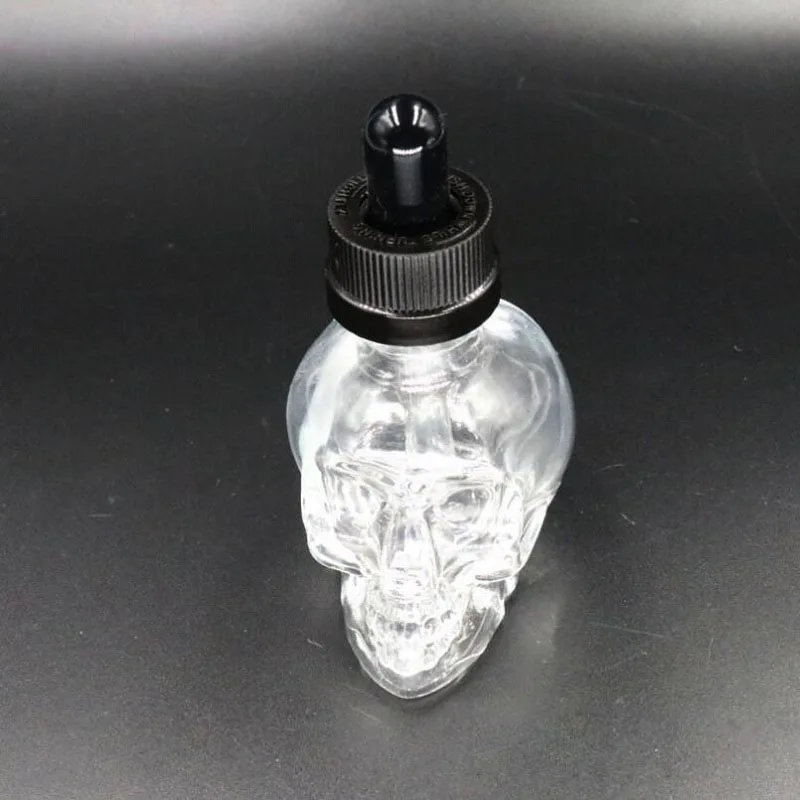 30 ملليلتر بالقطارة زجاجة eliquid مع الأسود المطاط أنبوب زجاجي الجمجمة شكل vape الضروري النفط زجاجة واضحة الزجاجات الفارغة S033C