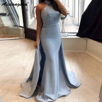 

Light Blue Muslim Evening Dresses 2019 High Collar Lace Satin Dubai Arabic Long Elegant Evening Gown Mermaid Prom Dress