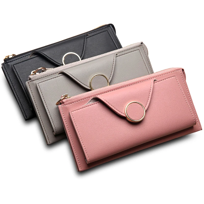 

Hot Sale Women Leather Wallet Female Zipper Hasp Purse Hiqh Quality Ladies Long Solid Phone Strap Clutch Woman Coin Card Holders