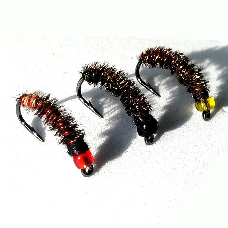 24PCS Peacock Feather Stained Glass Bead Head Nymph Scud Midge Fly