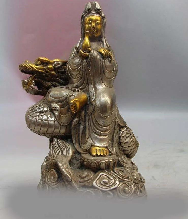 

Tibet Fane White Copper Silver Ride Dragon Kwan-yin Guanyin Bodhisattva Statue SD 506