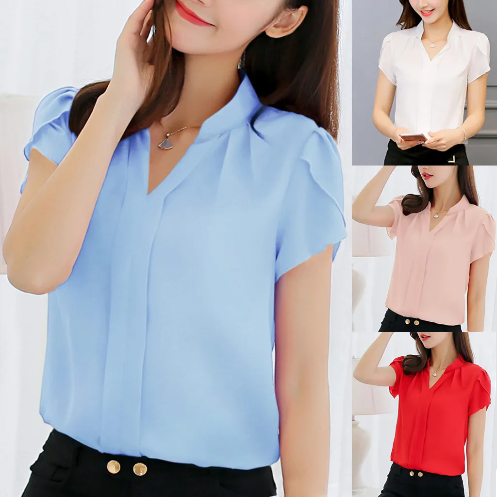 

Chiffon T Shirt Women Short Sleeve Shirt Plus Size Women TShirt Short Sleeve V neck Solid Summer Korean Clothing Female