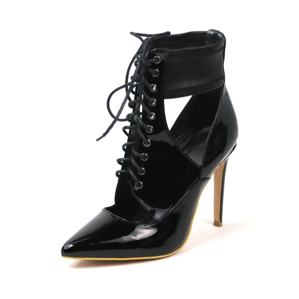 

Roni Bouker Clearance Sale Black Patent Leather Heeled Shoes Women Lace Up Fashion Booties Pointed Toe Ankle Boots High Heels