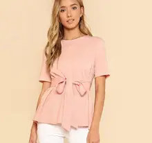 Pink Women Casual T-shirt with Belt Keyhole Back Tee Solid Short Sleeve Top Summer Office Ladies Work Elegant Tees tulip sleeve scallop trim keyhole top