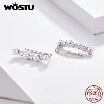

WOSTU Pearl Minimalist Stud Earrings 925 Sterling Silver Zircon Stone Jewelry For Women Wedding Engagement Small Earrings FNE118