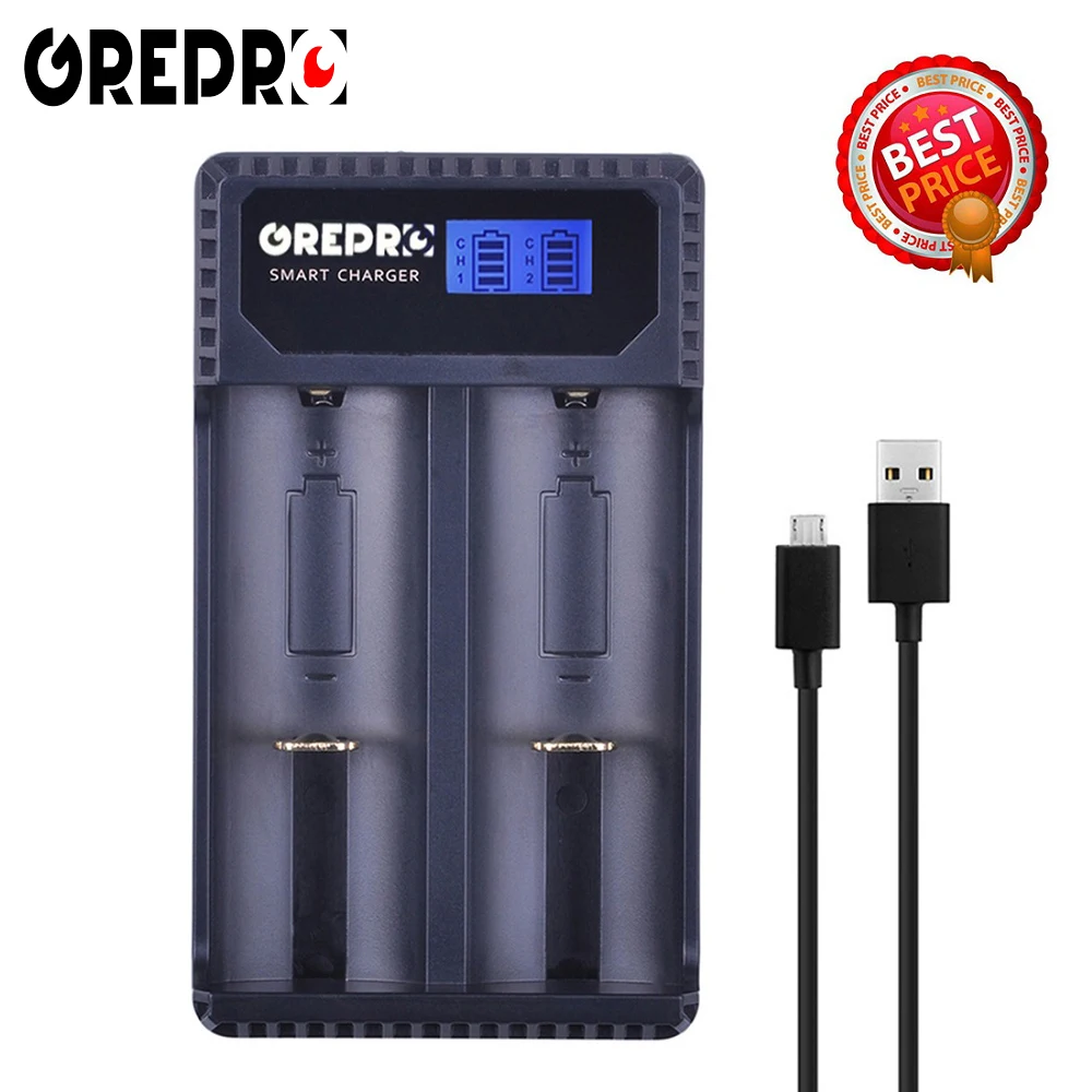 

GREPRO LCD Display Universal Smart Battery Charger 2-Slots Intelligent Charger for Li-ion 26650 22650 21700 18650 17670 18500
