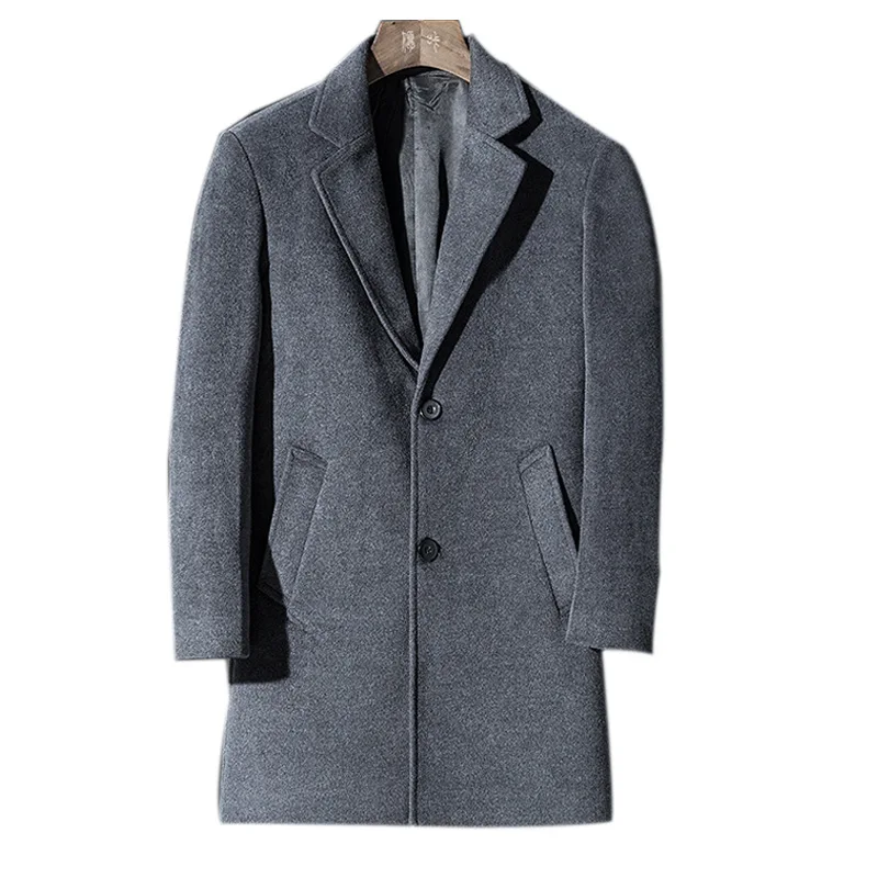 Fashion Warm Men Long Woolen Coat Turn Down Collar Solid