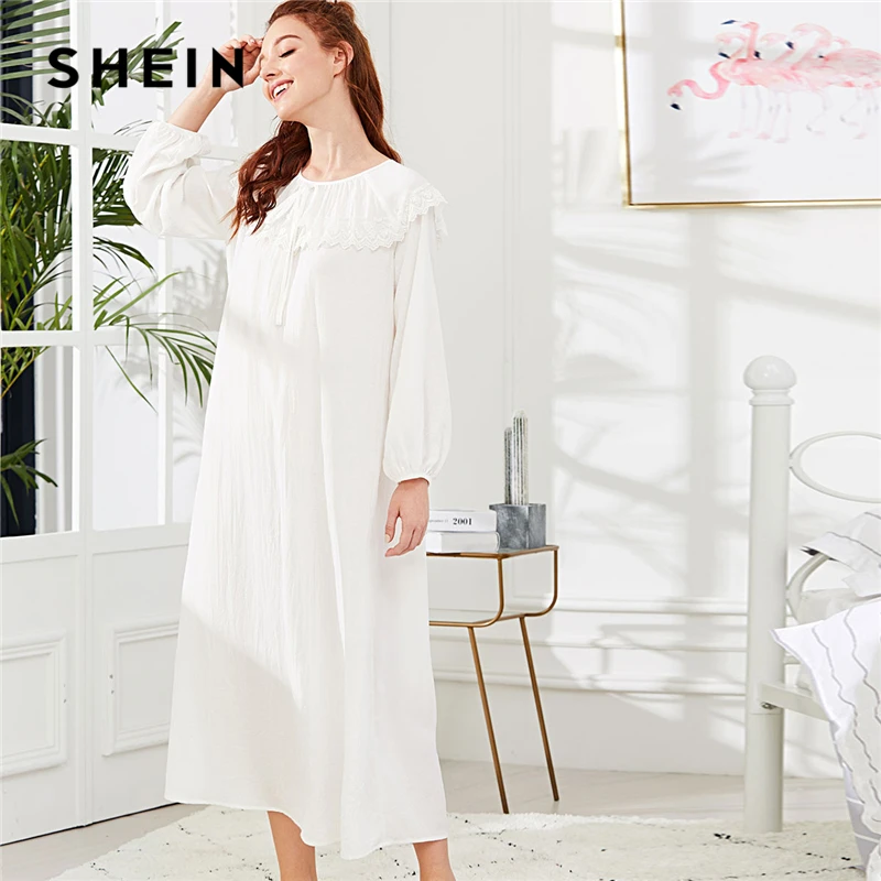 SHEIN Embroidered Flounce Neck Sleeve Nightdress White Round