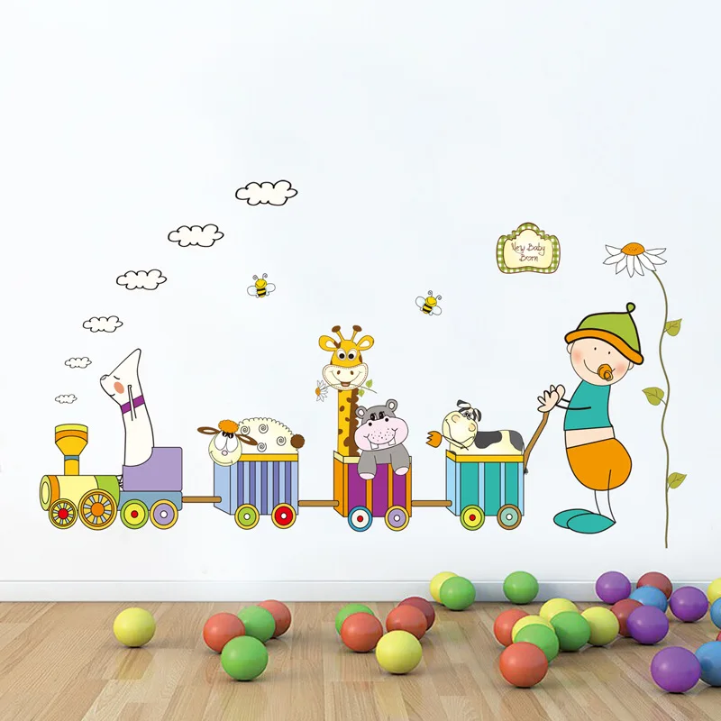 Cartoon Animal Train Wall Stickers for Children room Bedroom Kindergarten Wall Decoration Art Wall Decals Murals Wallpaper dc8