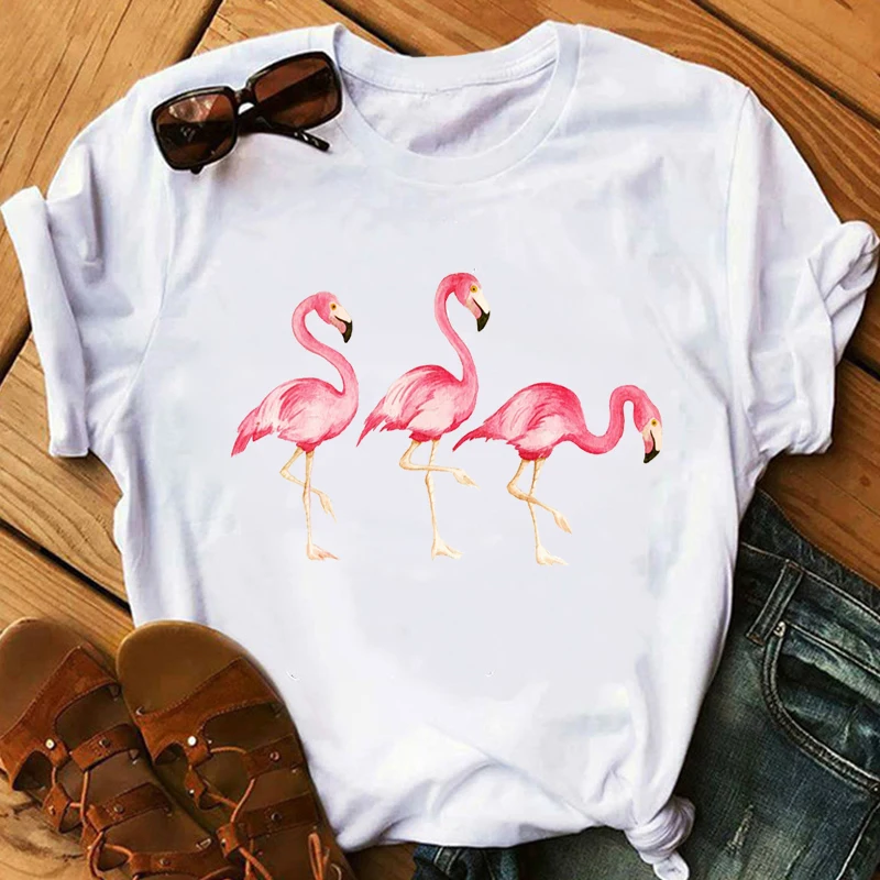 Футболка с фламинго, женские летние футболки для девочек, милые розовые вечерние футболки с фламинго, Женские повседневные топы с графическим принтом, футболки tumblr - Цвет: W525101924