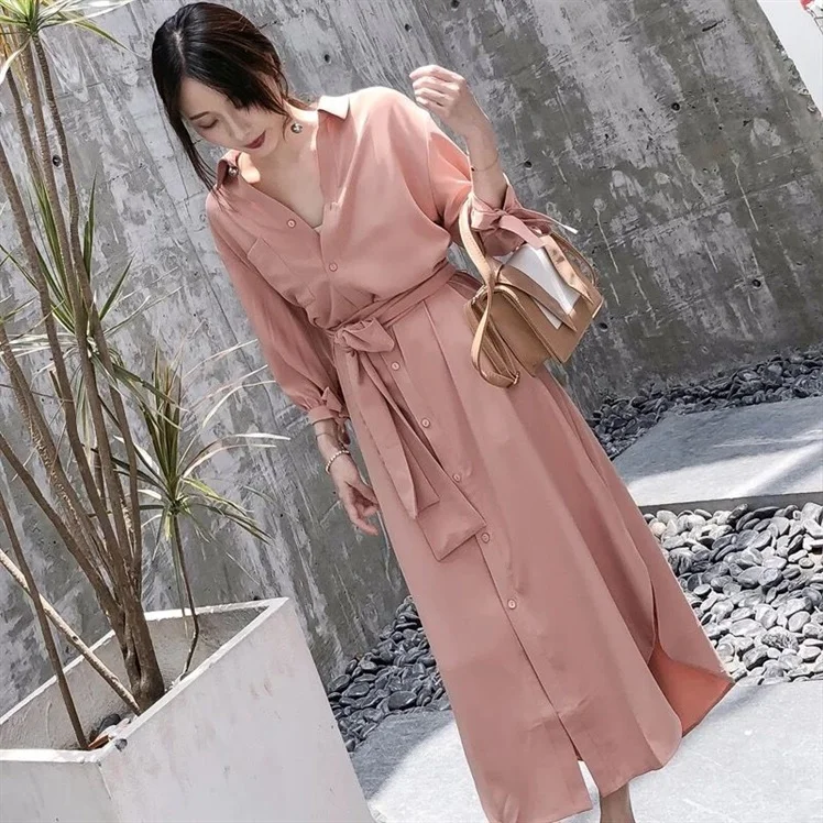 

2019 Summer Woman Long Pink Shirt Dress V Lead Three Quarter Sleeve soft elegant dress