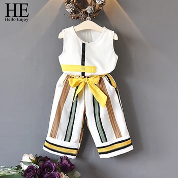 

HE Hello Enjoy Girls Clothing Sets Summer sleeveless Splicing design Chiffon T-shirt+Casual pants 2Pcs Princess Style Clothes