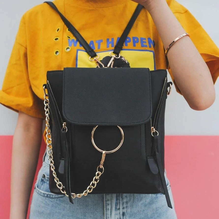

Women Fashion School Bag Travel Satchel Bags Women Backpack PU Leather New Style Link Chain Design Female Backpacks 2018