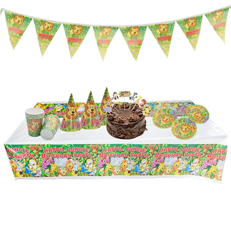 Jungle Animal Party Decoration Lion Tiger Foil Balloons Disposable Tableware Paper Plate Cup Napkin Safari Zoo Party Supplies