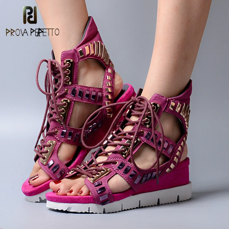 

Prova Perfetto Original Design Hollow Out Open Toe Cross-tied Lace Up Woman Shoes Neutral Summer Flat Botttom Wedge Sandals