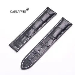 CARLYWET 20 22 мм Оптовая Продажа Черный с белыми стежками Высокое качество пояса из натуральной кожи замена часы ремешок ремень для Omega