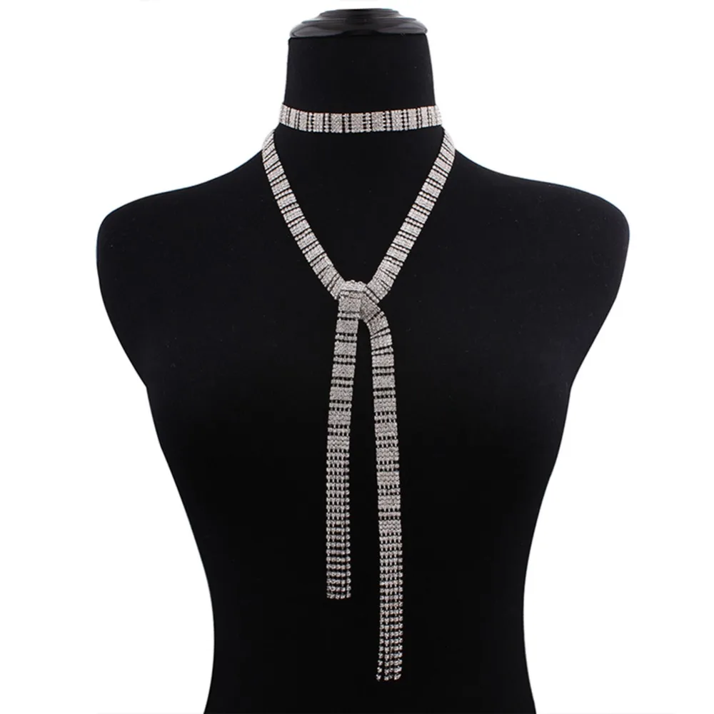 Silver Luxury Full Crystal Choker Collar Necklace Long Tassel