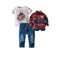 Kids Cloths Cartoon Short Sleeve T Shirt For Boys + Red Plaid Long Sleeve Shirt Kids Blouse With Jeans For Boys 3piece Set boys roll up sleeve plaid blouse