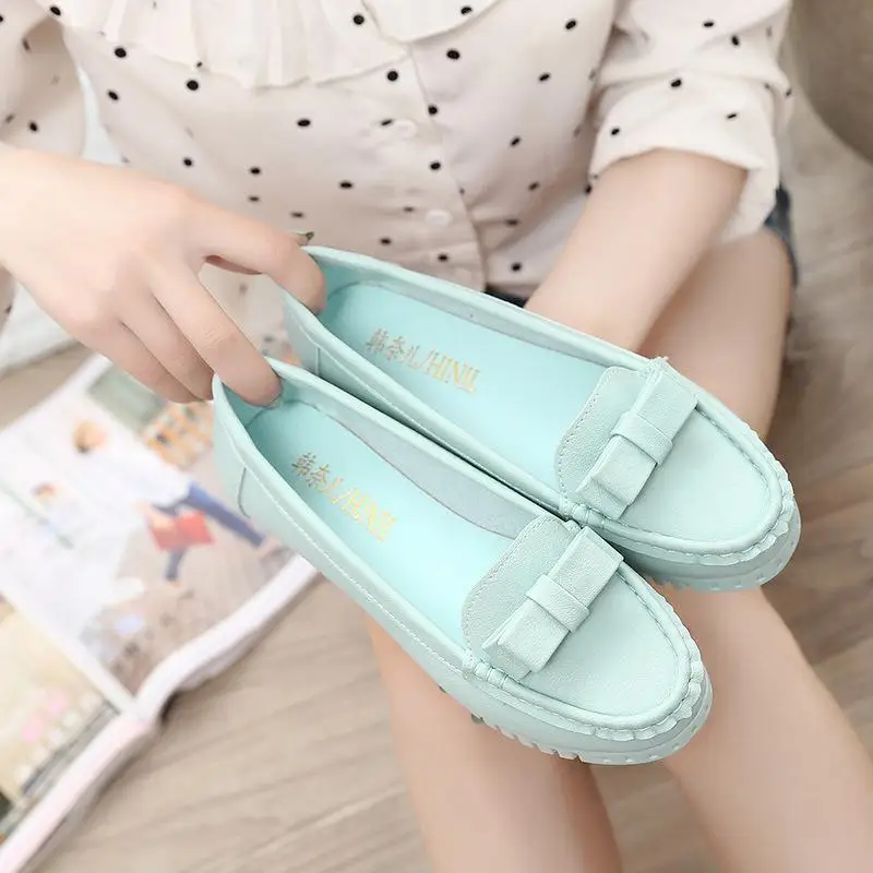 

Pink Blue Bowtie Flats Women Shoes 2016 Sewing Pu Leather Ladies Loafers Slip On Platform Mother Work Shoes Round Toe Footwear
