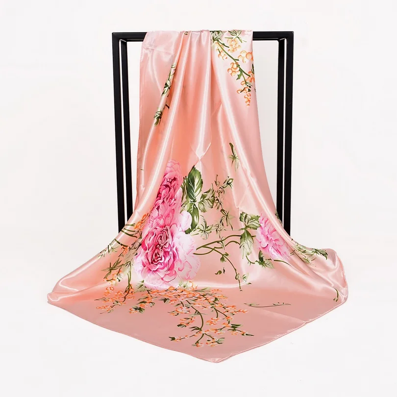 pink rich peony Элегантный женский большой квадратный шелковый шарф с принтом, 90*90 см, модный весенний и осенний серый и фиолетовый Шелковый шарф из полиэстера, шаль - Цвет: pink rich peony
