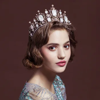 

baroque style luxury antique brass lace crystal pearl large bride crown hair jewelry headdress wedding hair decoration