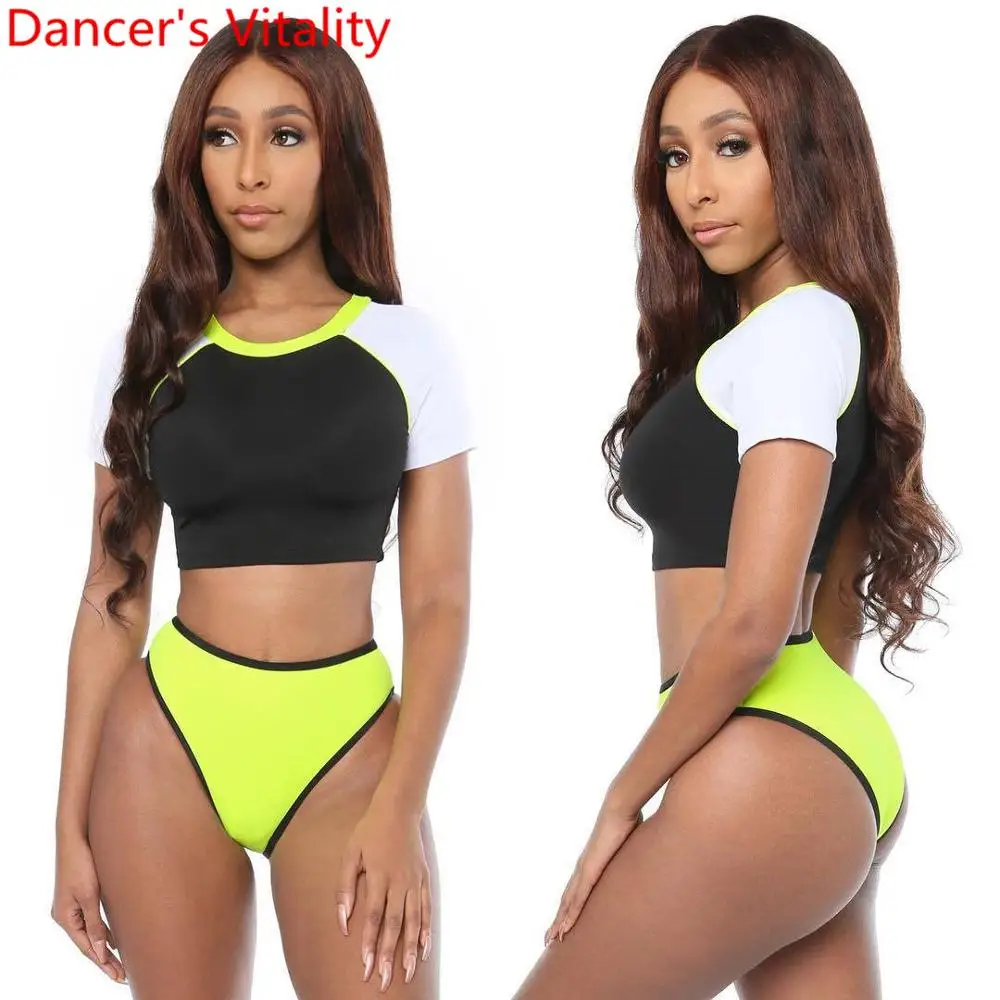 

Nightclub Bar DJ Women DS Stage Wear Performance Costume Color Blocking Short Sleeve Sports Top Shorts Sexy Jazz Pole Dance Wear