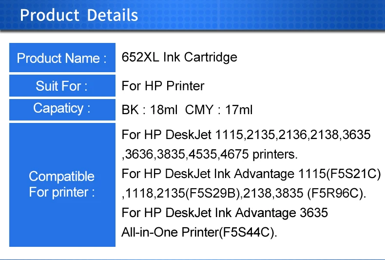 INKARENA 652XL сменный картридж для принтера для hp 652 для hp 652 картриджи с чернилами hp Deskjet 2135 2136 1115 1118 2138 3635 3636 3638 принтер