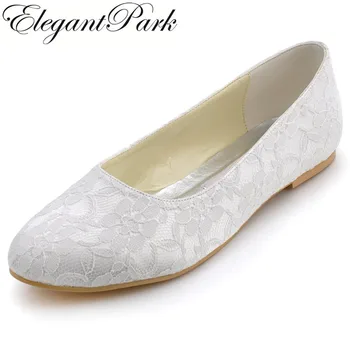 

White Ivory Women Wedding Flats Shoes Closed Toe Comfort Ballerina Ballets Slip On Lace Bride Ladies Woman Shoes EP11106