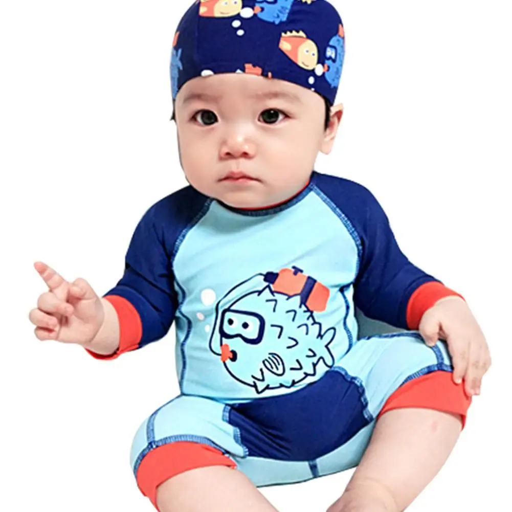 Детский цельный купальный костюм с рисунком для маленьких мальчиков с шапочкой