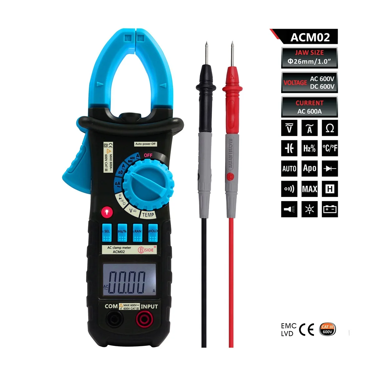 

Bside ACM02 4000 Counts Auto range 600A AC Current Digital Clamp Meter Multimeter Temperature Frequency Capacitance Tester UT202