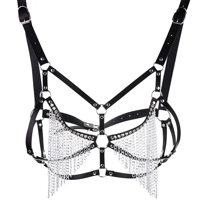 Womens PU Leather Body Chest Harness Bra Cage Dress Bondage Belt Choker Chain
