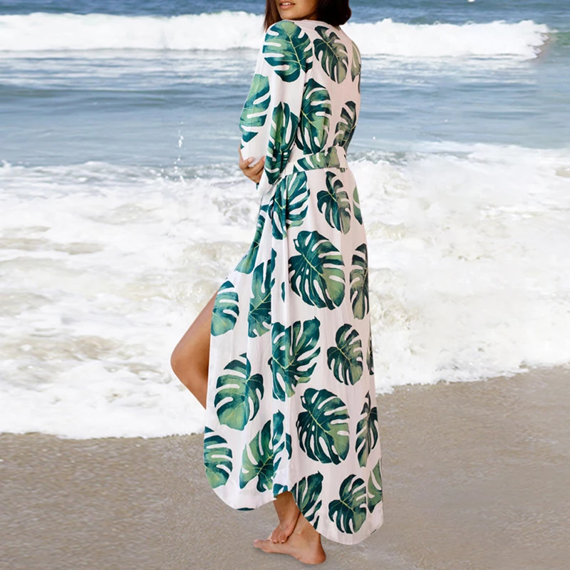 Bikinx, длинный хлопковый пляжный женский купальный костюм, накидка с принтом листьев, кафтан, саронг, накидка, Женская туника, модная пляжная Новинка - Цвет: Зеленый