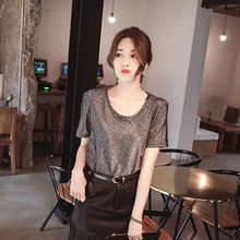 Silver Shiny Lurex T Shirts Women 2019 Summer korean clothes Sexy Slim O-Neck Short Sleeve T shirt Woman Solid Tees Harajuku