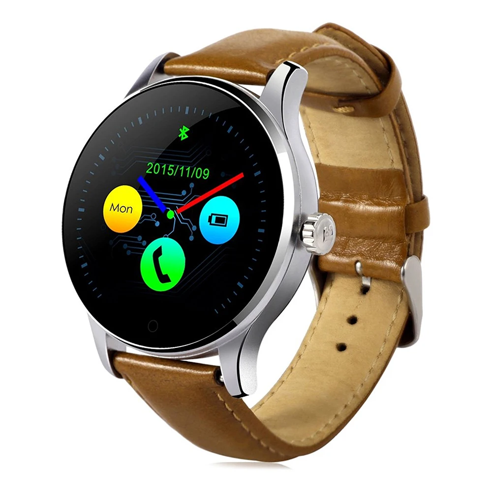 

K88H Bluetooth Smart Watch with Heart Rate Monitor Leather Band Wristwatch for iOS and Android Brown+Leather Band