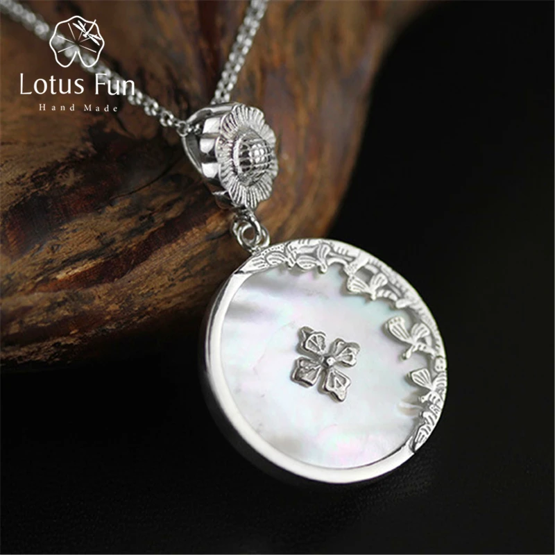 

Lotus Fun Real 925 Sterling Silver Natural Shell Handmade Fine Jewelry Retro Round Pendant without Chain Acessorios for Women