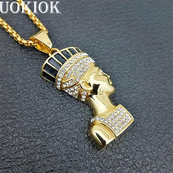 

Hip Hop Jewelry Egyptian Necklace Nefertiti Queen Portrait Pendant Rhinestone Stainless Steel Necklace Iced Out Chain Mens Gift
