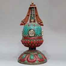 Изысканный Тибетский позолоченный медный инкрустированный искусственная бирюза буддистская вращающаяся библея