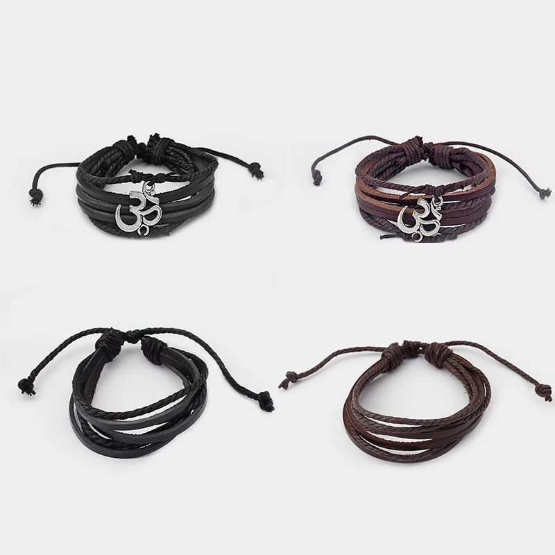 

1Pcs Black/Brown Adjustable Leather Bracelet With Antique Silver 3D/OM Rope charms Bracelets Bangle For Men Women Jewellery