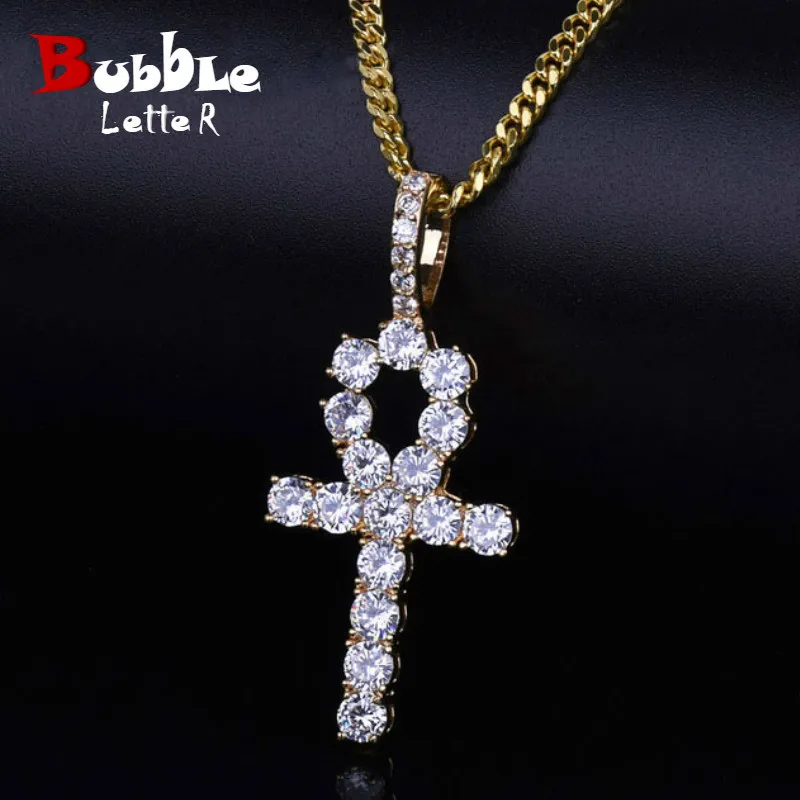 

Iced Zircon Ankh Cross Pendant Gold Silver Copper Material Cz Egyptian Key Of Life Pendant Necklace Men Women Hip Hop Jewelry