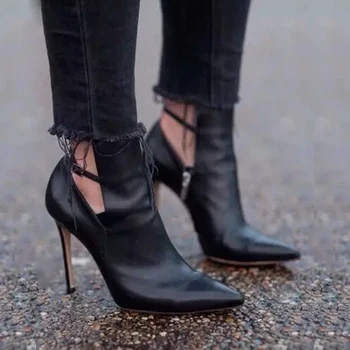 

pointed toe women booties sexy black leather thin high heels ankle boots ankle wrap with buckle botas mujer