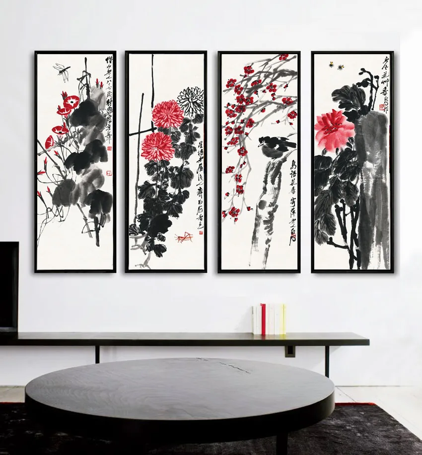 

4 piece chinese ink blossom chinese painting flower picture canva vintage home decor on the wall decorative for living room