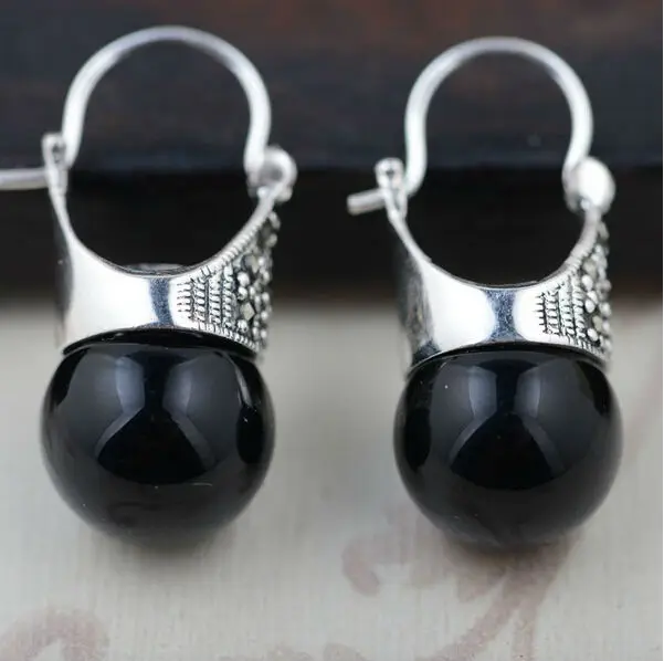 

mujer moda pendientes oorbellen earring Pendientes 925 sterling silver black stone allergy free retro Thai silver drop earrings