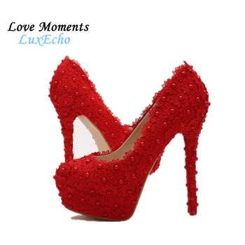 

Red lace-up flowers bridal shoes round toe fashion women's platform shoes with strap lace heel PUMPS free shipping