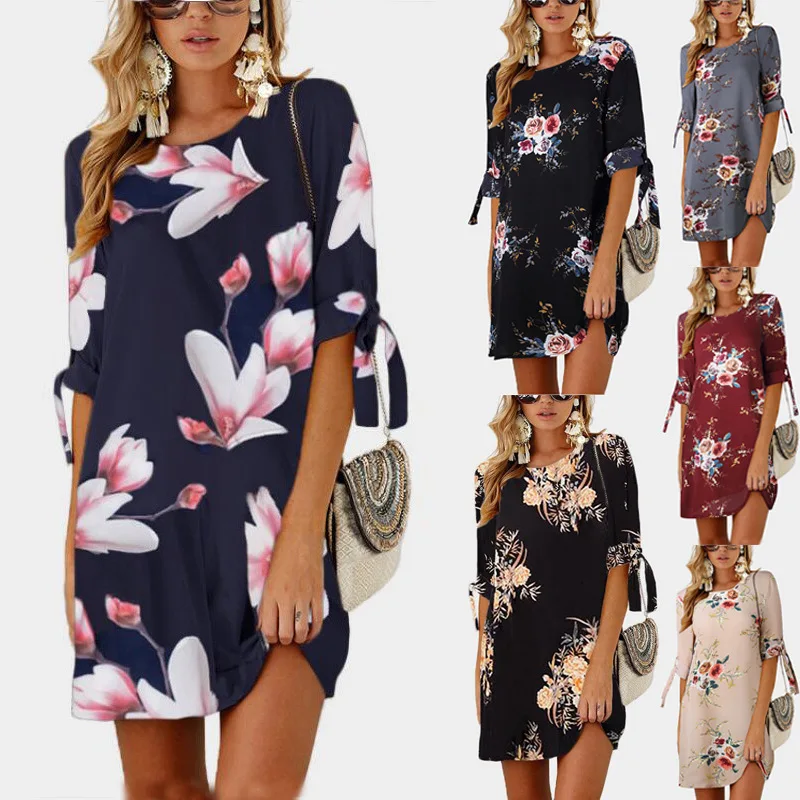 

2019 Womens Dress Floral Print Half Sleeve Casual Summer Dress O neck Short Chiffon Mini Dresses Robe Femme ete Plus Size S-5XL