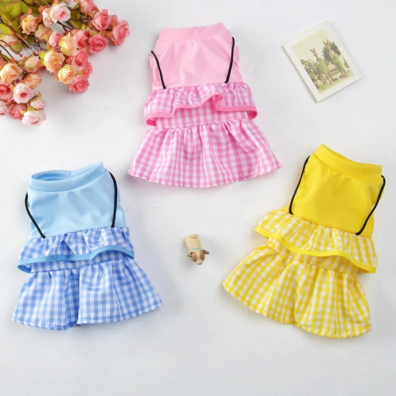 

Pet Spring Summer Breathable Costume, Polyester Plaid Short Sleeves Princess Dress For Dogs